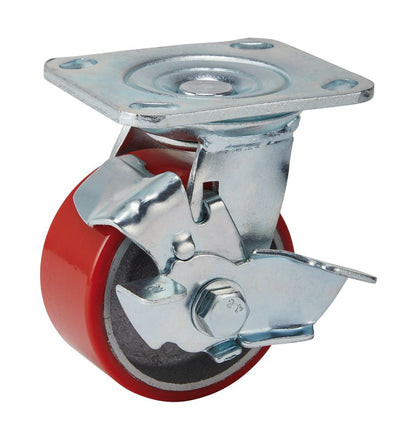 Draper IND.PU CAST.PLATE/BK-100MM DIA 65524 Heavy Duty Polyurethane Wheeled Swivel Plate Castors with Brake