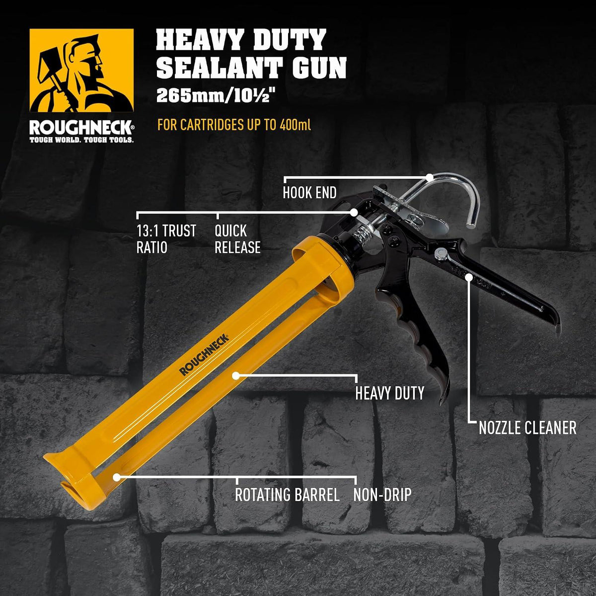 Roughneck 32-230 Heavy Duty Sealant Gun – Up to 400ml Cartridges, 13:1 Thrust, Non-Drip Rotating Barrel & Nozzle Cleaner