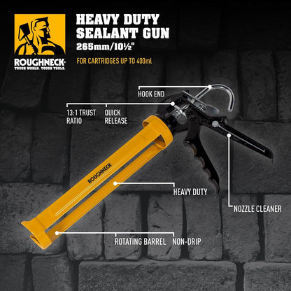 Roughneck 32-230 Heavy Duty Sealant Gun – Up to 400ml Cartridges, 13:1 Thrust, Non-Drip Rotating Barrel & Nozzle Cleaner
