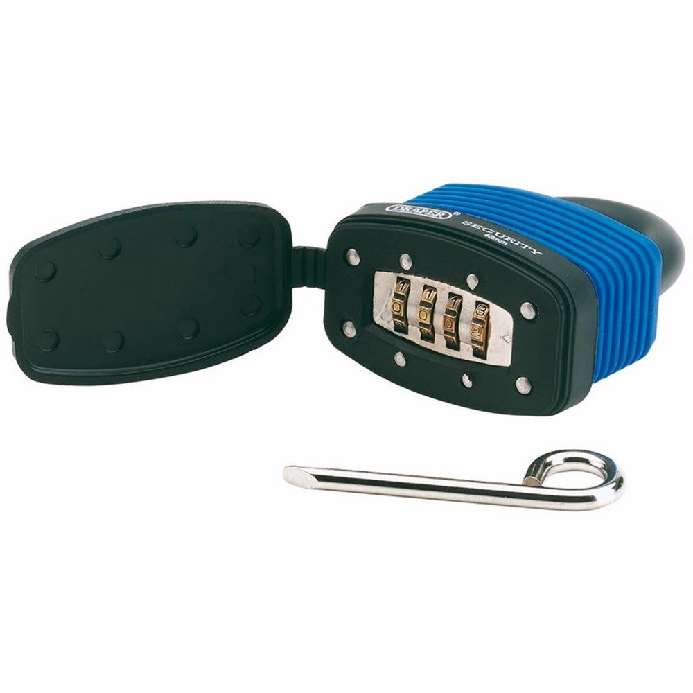 64175 Draper Resettable 4 Number Combination Laminated Steel Padlock and Bumper, 48mm Weatherproof Padlocks Professional Trade DIY Workshop Garage U