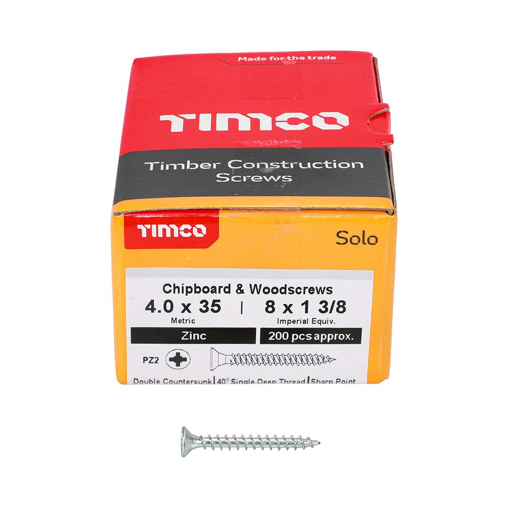 TIMCO Solo Woodscrew PZ2 CSK Zinc 4.0 x 35 Silver Pack 200