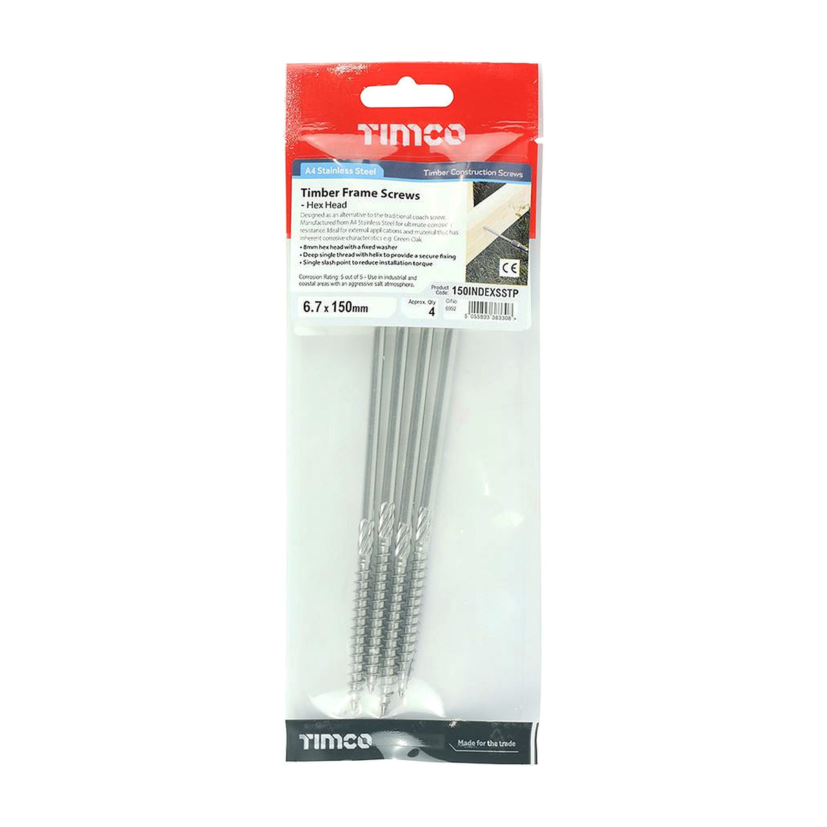 TIMCO Hex Head Timber Screw - A4 SS 6.7 x 150 Pack 4