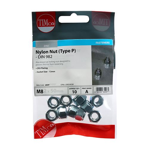 TIMCO P Nylon Nut DIN 982 - BZP M8 Silver Pack 10