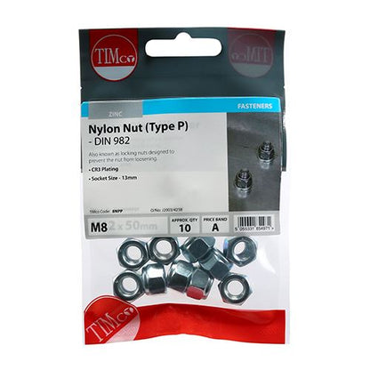 TIMCO P Nylon Nut DIN 982 - BZP M8 Silver Pack 10