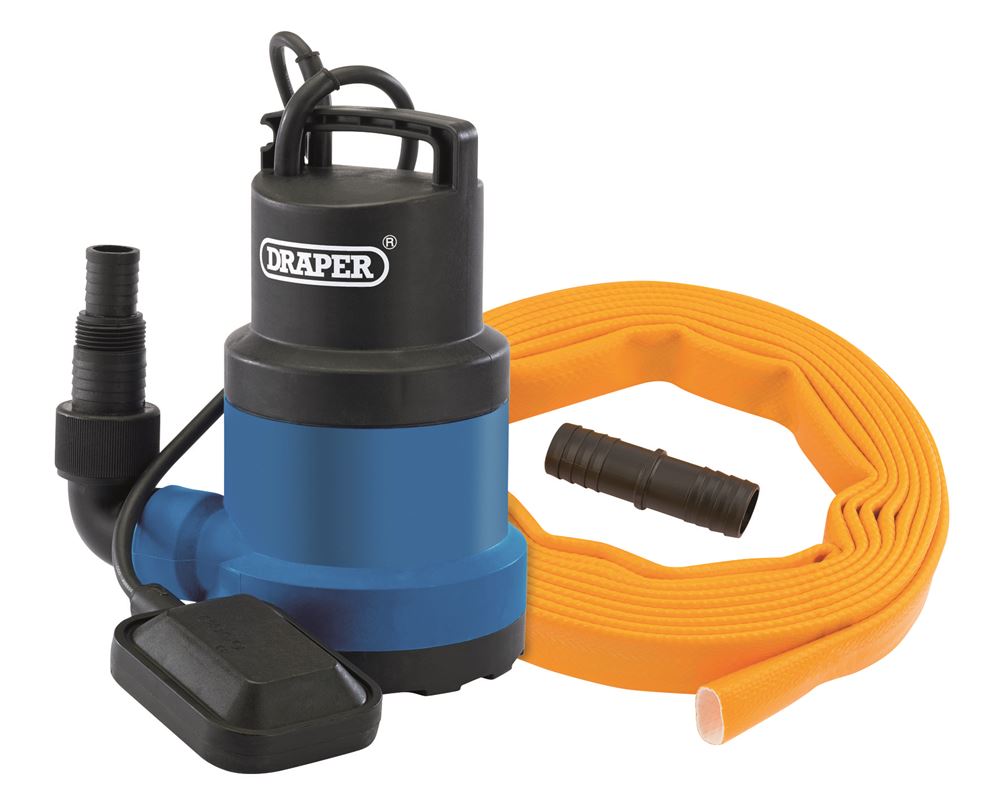12429 Draper 230V Submersible Clean Water Pump with Float Switch and Layflat Hose, 191 Submersible Water Pumps Professional Trade DIY Workshop Garag