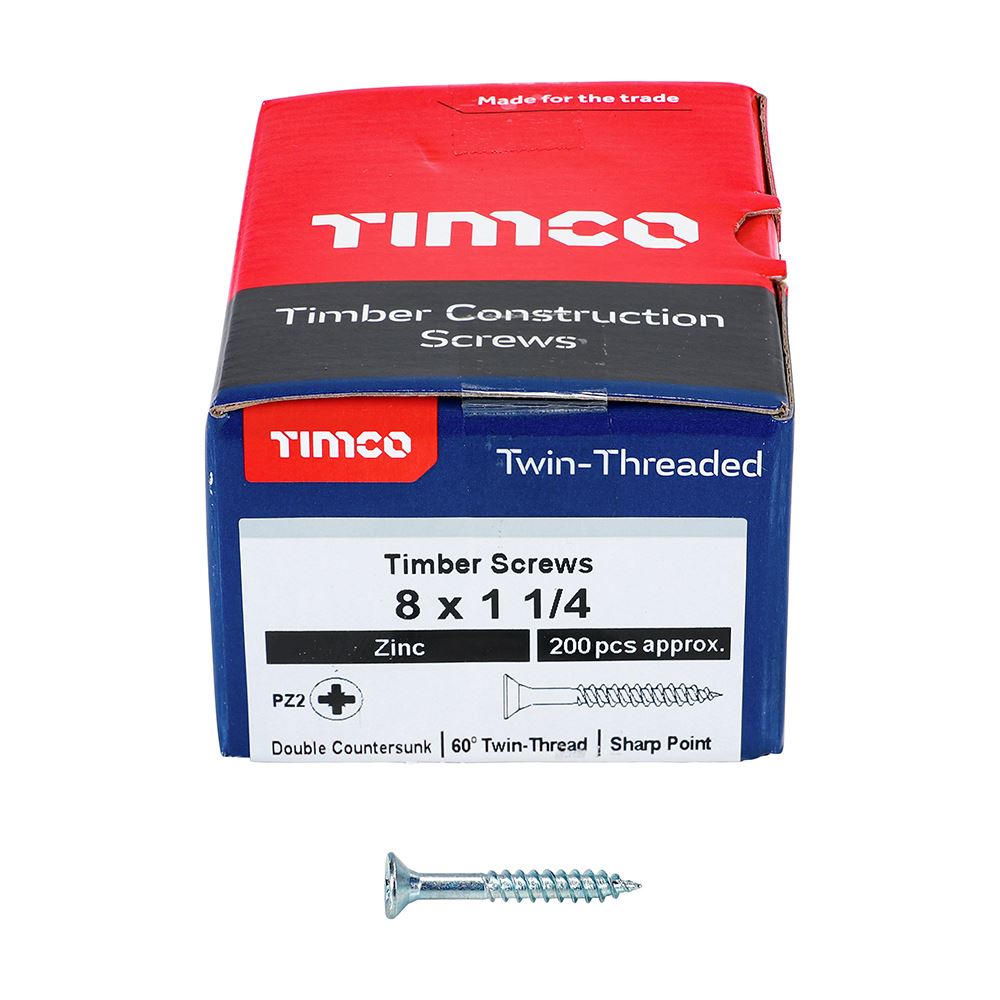 TIMCO Twin Woodscrew PZ2 CSK Zinc 8 x 1 1/4 Silver Pack 200