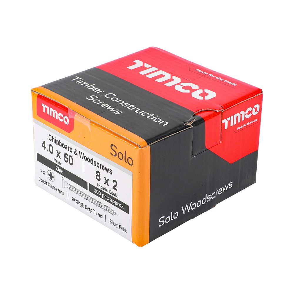TIMCO Solo Woodscrew PZ2 CSK Zinc 4.0 x 50 Silver Pack 200