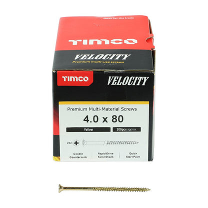 TIMCO Velocity Screw PZ2 CSK ZYP 4.0 x 80 Gold Pack 200