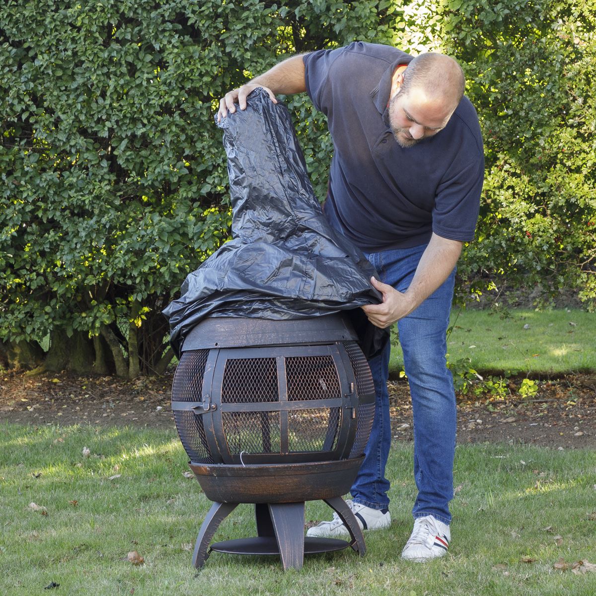 Dellonda DG241 Deluxe 360° Chiminea/Fire Pit/Outdoor Heater with Fire Poker & Water-Resistant Drawstring Cover - Antique Bronze Finish - DG241 | Water
