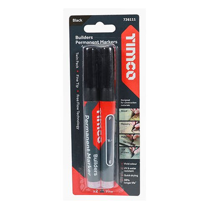 TIMCO Builders Permanent Markers BLK Fine Tip Black Pack 2