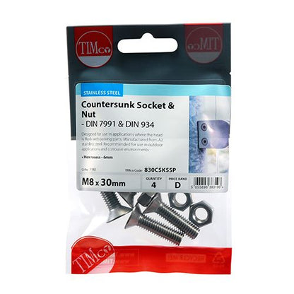 TIMCO CSK Socket & Nut - A2 SS M8 x 30 Pack 4