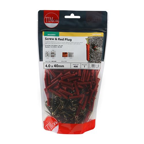 TIMCO Screws & Red Plastic Plugs 30mm Red Plug, 4.0x40 Screw Red Pack 200