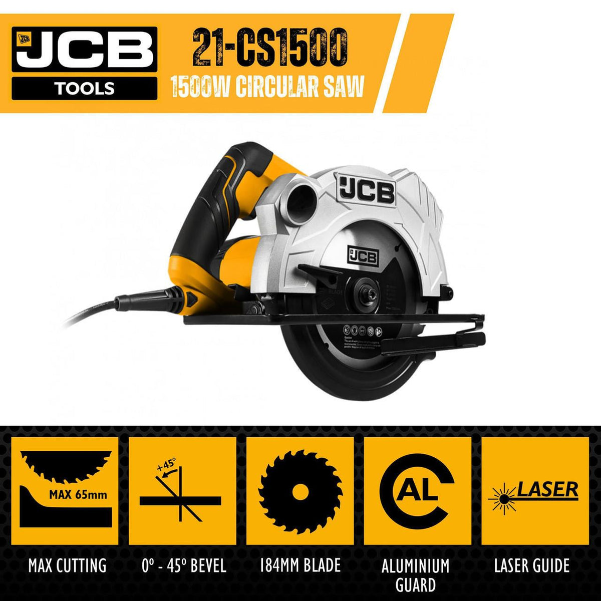 JCB 21-CS1500 Circular Saw 1500W 184mm Blade 65mm Cut 230V Wood Saw Power Saw