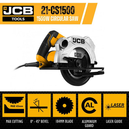 JCB 21-CS1500 Circular Saw 1500W 184mm Blade 65mm Cut 230V Wood Saw Power Saw
