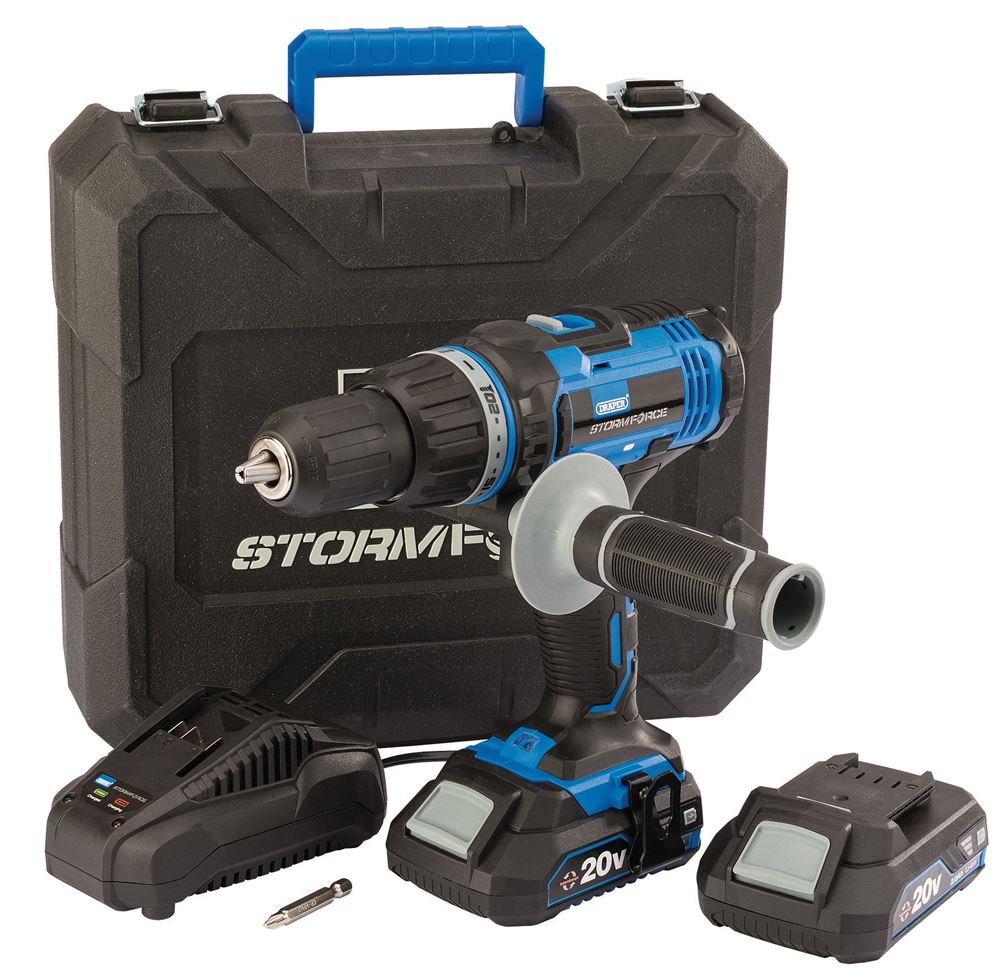 89523 Draper Storm Force Storm Force 20V Combi Drill, 2 x 2.0Ah Batteries, 1 x Charge Charger 20V Storm Force Power Interchange Range Professional T