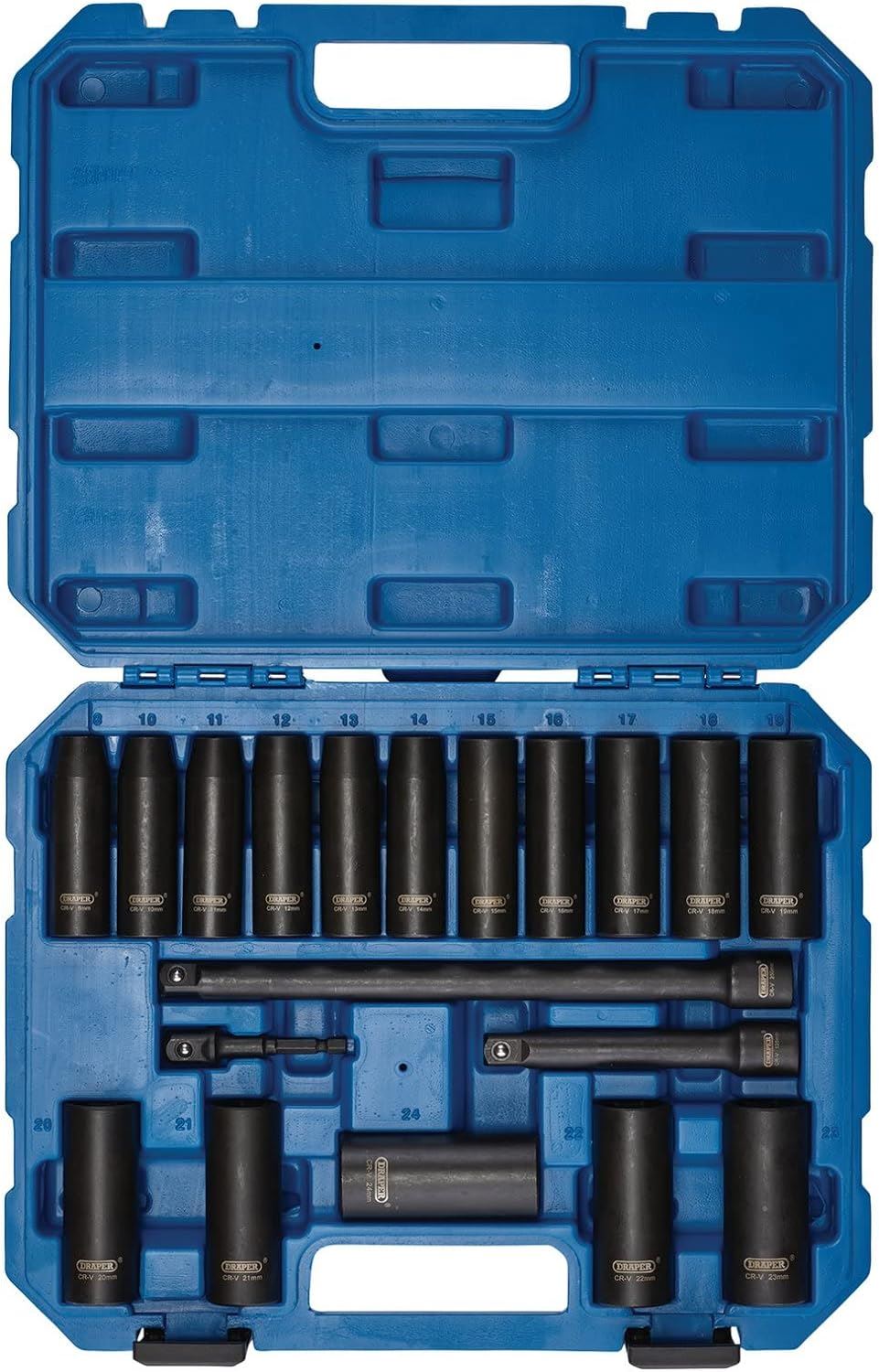 Draper 19PC 1/2SQ.DR IMPACT SOCK.SET 04577 Draper HI-TORQÂ® Metric Deep Impact Socket Set, 1/2" Sq. Dr. (19 Piece)
