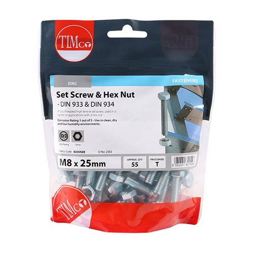 TIMCO Set Screw & Hex Nut - BZP M8 x 25 Silver Pack 55