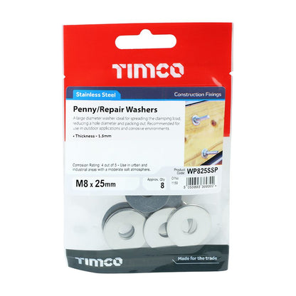 TIMCO Penny Washer DIN 9054 - A2 SS M8 x 25 Pack 8