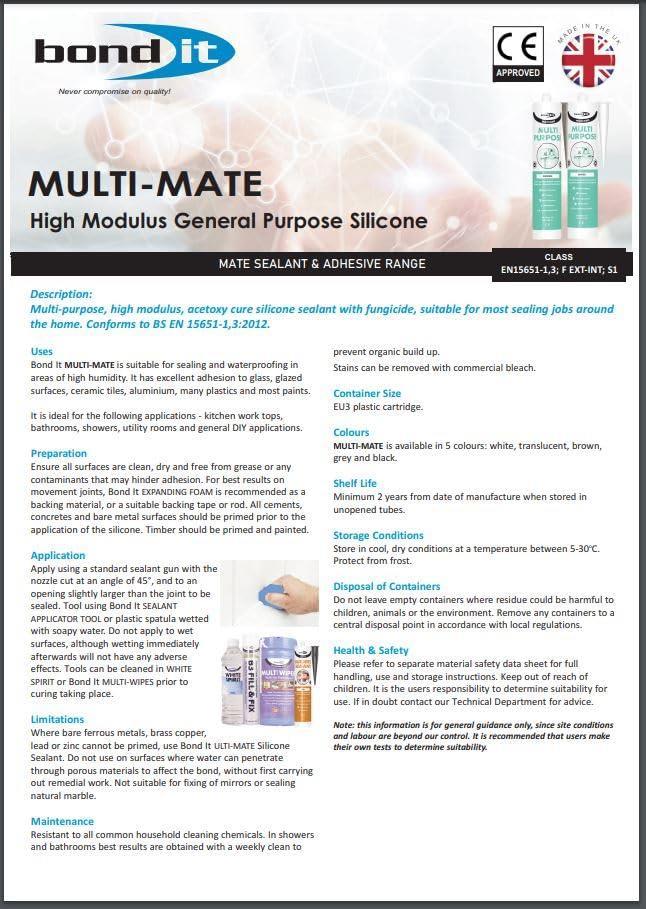 Bond It Multi-Mate All Colours 285ml Multi-Purpose Waterproof Mould Resistant Acetoxy Silicone Sealant for Kitchens Bathrooms