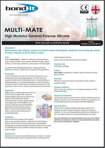 Bond It Multi-Mate All Colours 285ml Multi-Purpose Waterproof Mould Resistant Acetoxy Silicone Sealant for Kitchens Bathrooms
