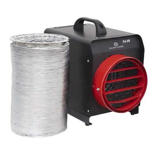 Sealey DEH5001 Industrial Fan Heater with Ducting 5kW/400V | 2500/5000W, 400V - 16A, Thermostat, Tip-Over Switch, Adjustable