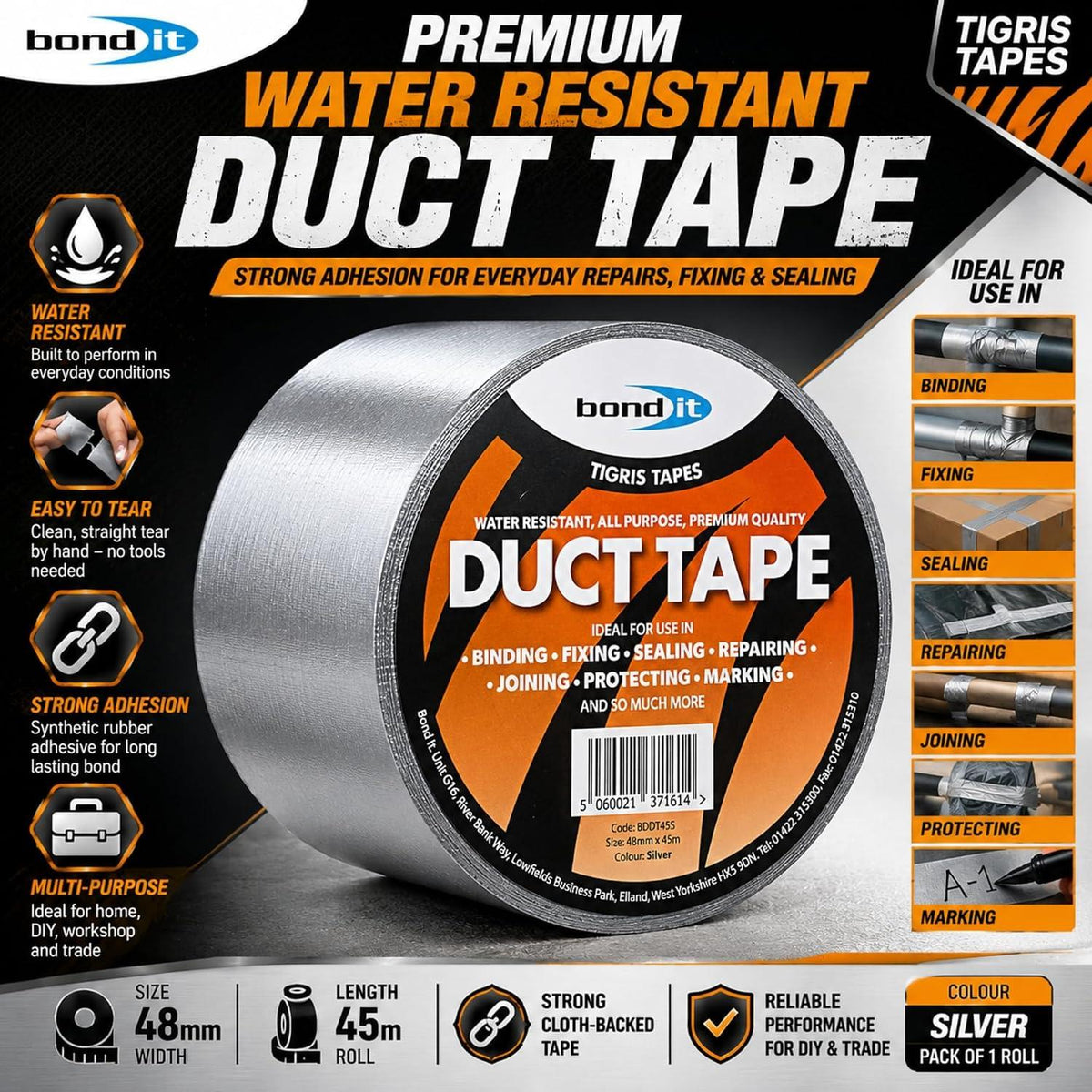 Bond It Duct Tape 48mm x 45m Heavy Duty Water Resistant Black Silver Gaffer Cloth Repair Sealing Tape