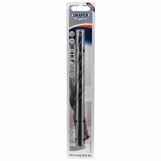 39074 Draper Expert Expert HSS Extra Long Drill Bit, 11.5 x 195mm H29MC/L HSS Twist Drills Professional Trade DIY Workshop Garage Use