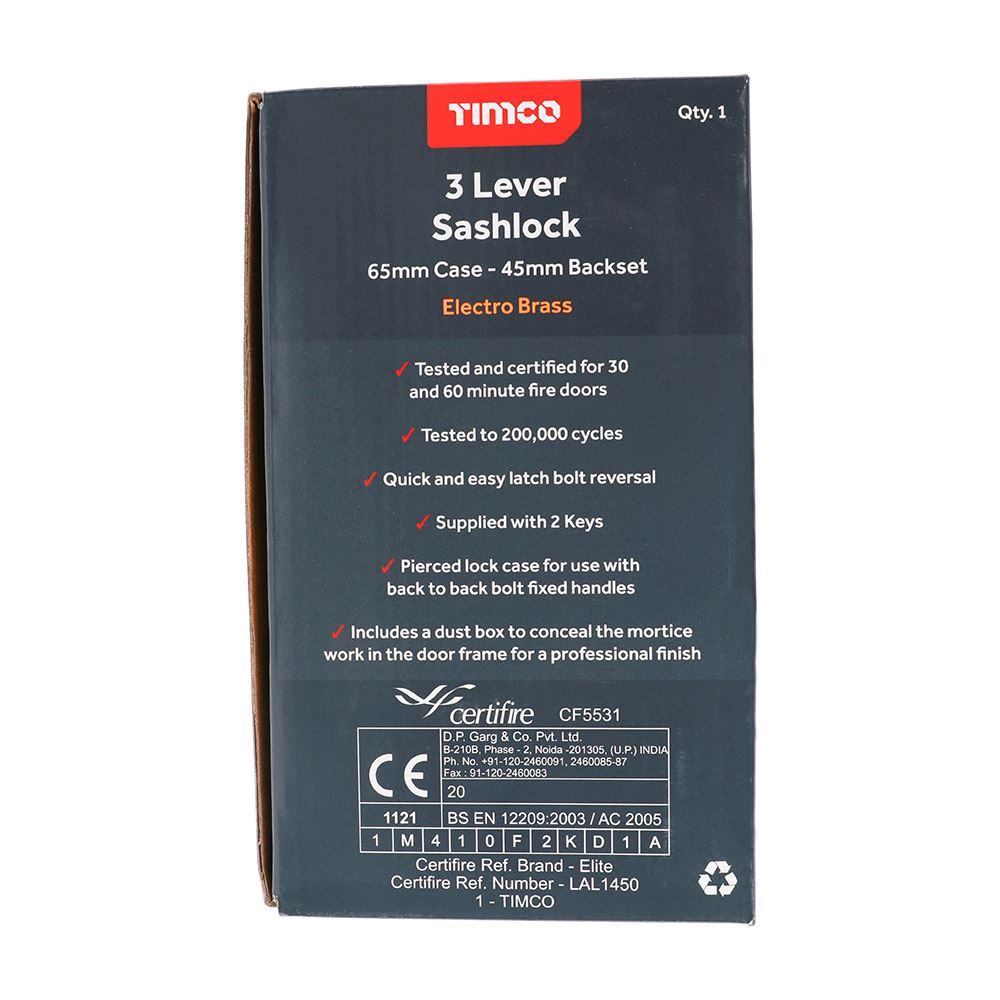 TIMCO 3 Lever Sashlock E. Brass 65mm Pack 1