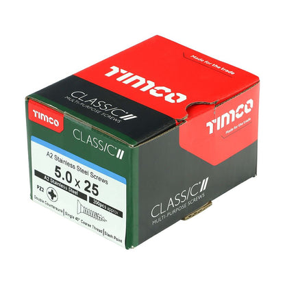 TIMCO Classic Screw PZ2 CSK A2 SS 5.0 x 25 Pack 200