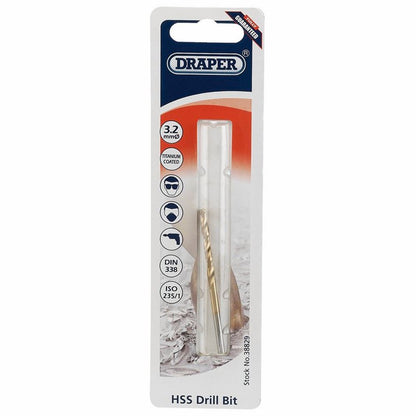 38829 Draper HSS Titanium Drill Bit, 3.2 x 180mm TH29MC Titanium Drill Bits Professional Trade DIY Workshop Garage Use