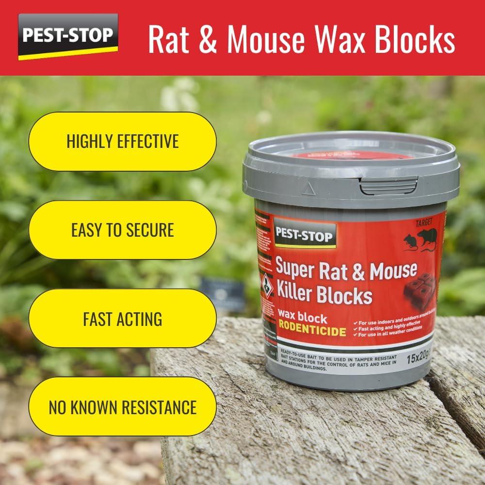 Pest Stop Super Rat & Mouse Killer Wax Blocks - bromadiolone (15 x 20g) (Pack of 15)