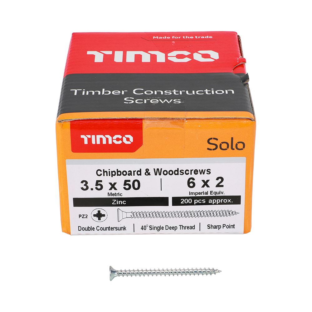 TIMCO Solo Woodscrew PZ2 CSK Zinc 3.5 x 50 Silver Pack 200