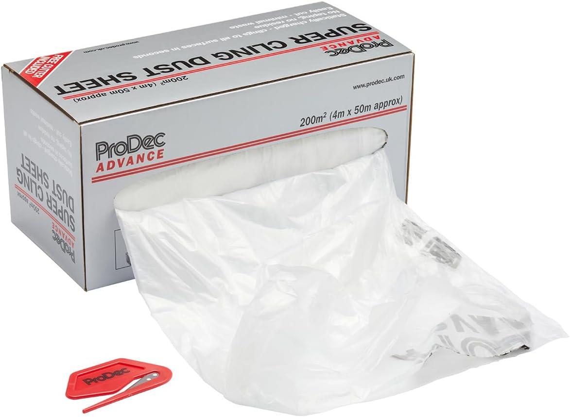 ProDec Advance Super Cling Polythene Dust Sheet Roll 4m x 50m 200sqm – Static Cling Protective Film with Dispenser Box & Safety Cutter