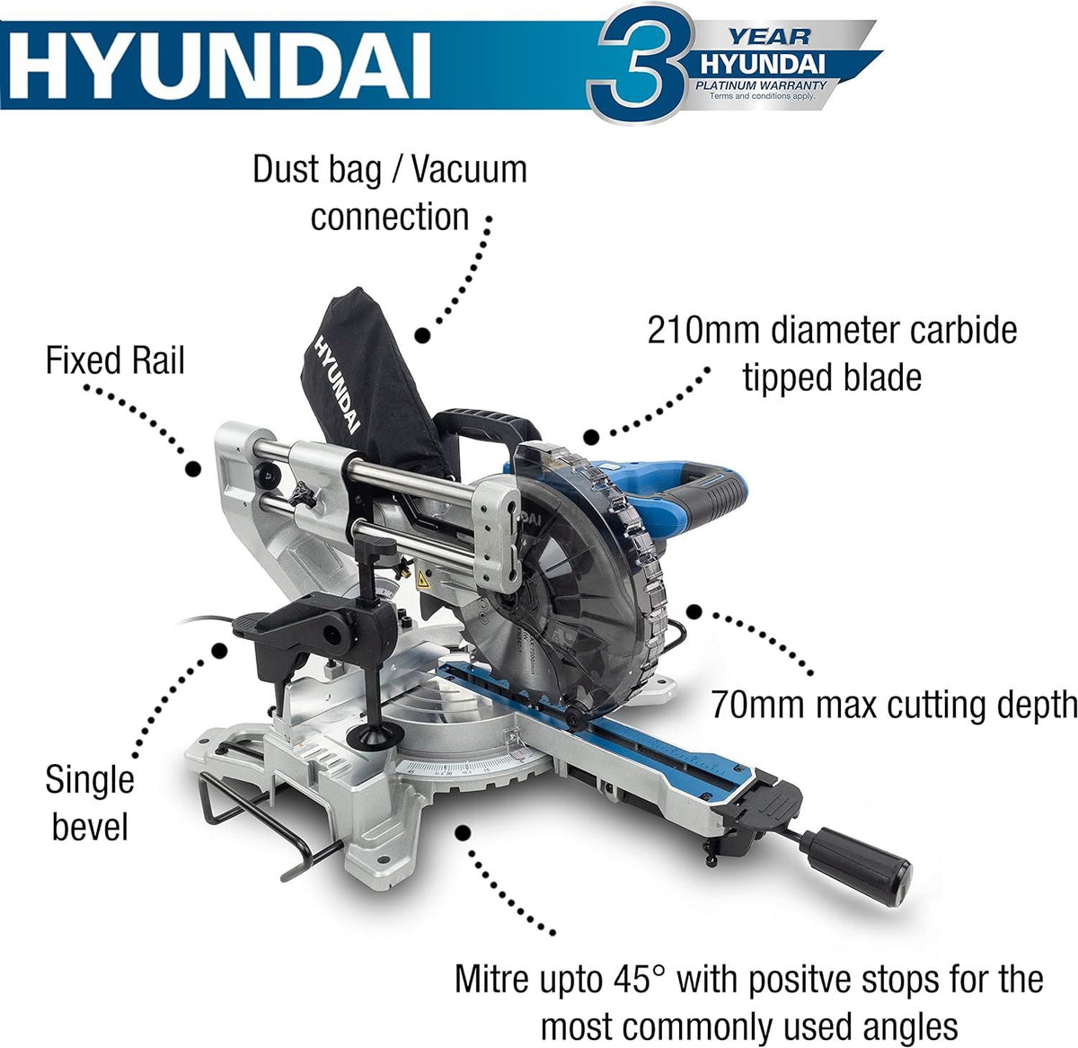 Hyundai HYMS1500E Electric Mitre Saw 1500W 210mm Blade 70mm Cut Sliding 230V Chop Saw Sliding Saw Woodworking Chop Saw