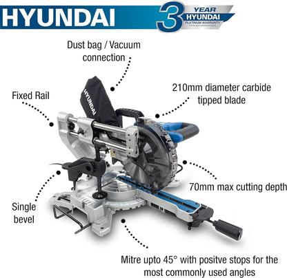 Hyundai HYMS1500E Electric Mitre Saw 1500W 210mm Blade 70mm Cut Sliding 230V Chop Saw Sliding Saw Woodworking Chop Saw
