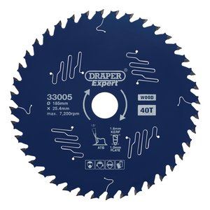 Draper TCT SAW BLADE 185MM 40T 33005 TCT Circular Saw Blade for Wood with PTFE Coating
