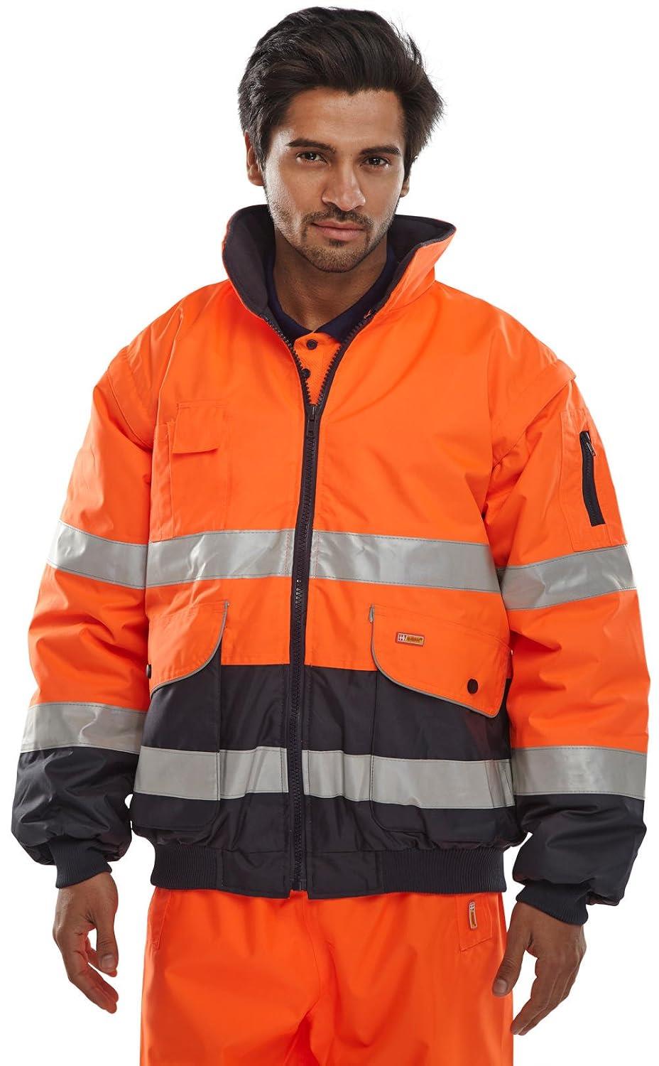 Beeswift Europa Two Tone Hi Vis Bomber Jacket Sizes S to 6XL with Removable Sleeves Detachable Fleece Liner Hood and Reflective Tape