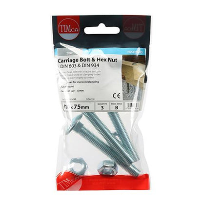 TIMCO Carriage Bolt & Hex Nut - BZP M10 x 75 Silver Pack 3
