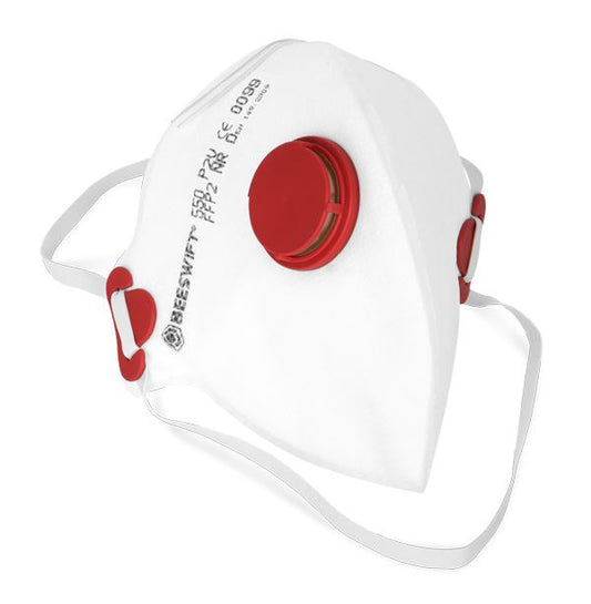 Beeswift Fold Flat FFP2 Valved Respirator Mask White Pack of 20 for Dust and Water-Based Mists