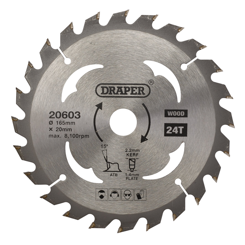 Draper TCT SAW BLADE 165MM 24T WOOD 20603 TCT Circular Saw Blades for Wood 165 x 20mm