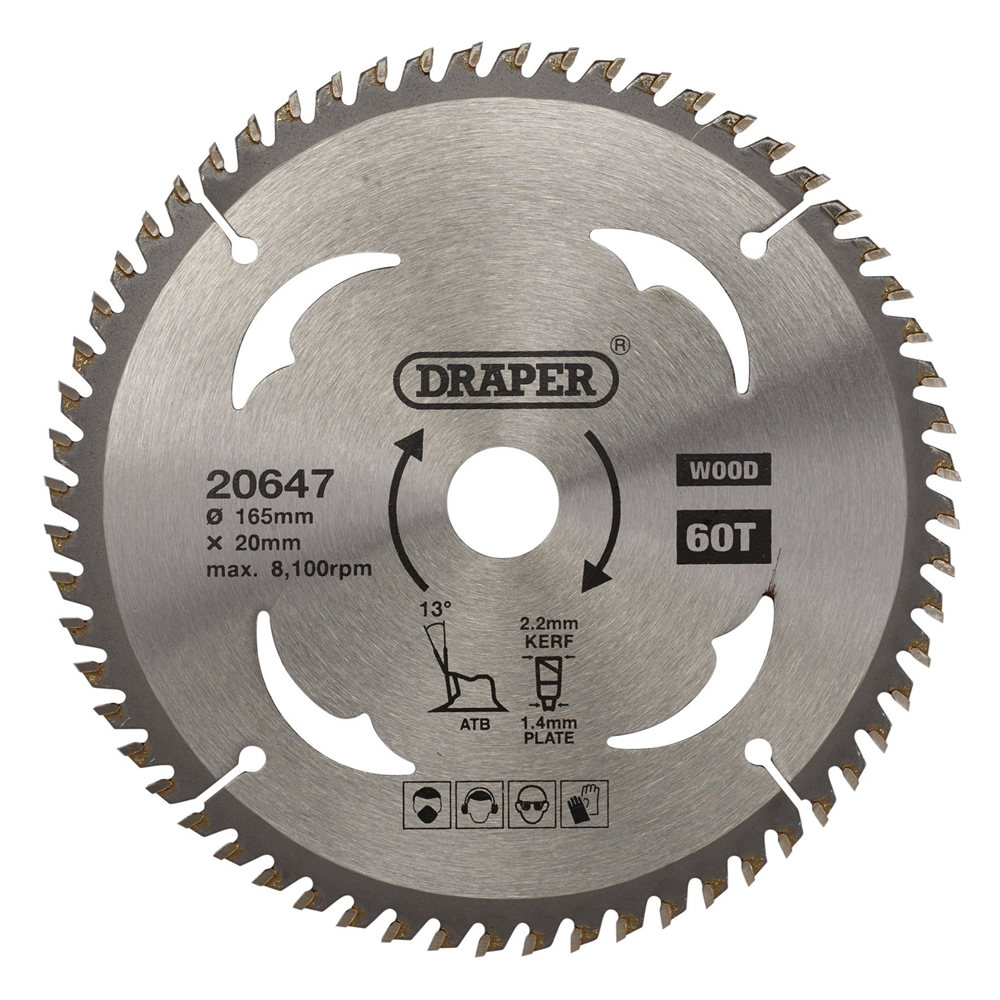 Draper TCT SAW BLADE 165MM 60T WOOD 20647 TCT Circular Saw Blades for Wood 165 x 20mm