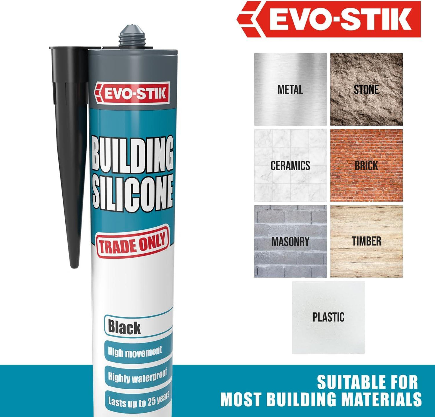 EVO-STIK Building Silicone Sealant Black 290ml Waterproof Adhesive