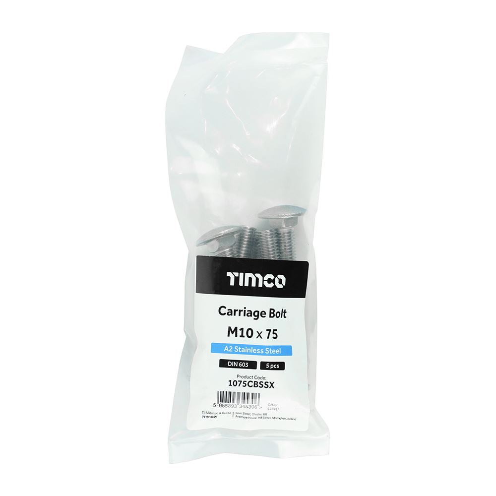 TIMCO Carriage Bolt DIN 603 A2 SS M10 x 75 Pack 5