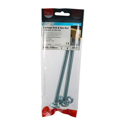 TIMCO Carriage Bolt & Hex Nut - BZP M10 x 150 Silver Pack 2