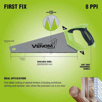82198 Draper Venom Venom First Fix Double Ground Tool Box Saw, 350mm, 7tpi/8ppi Carpenters Hand Saws Professional Trade DIY Workshop Garage Use