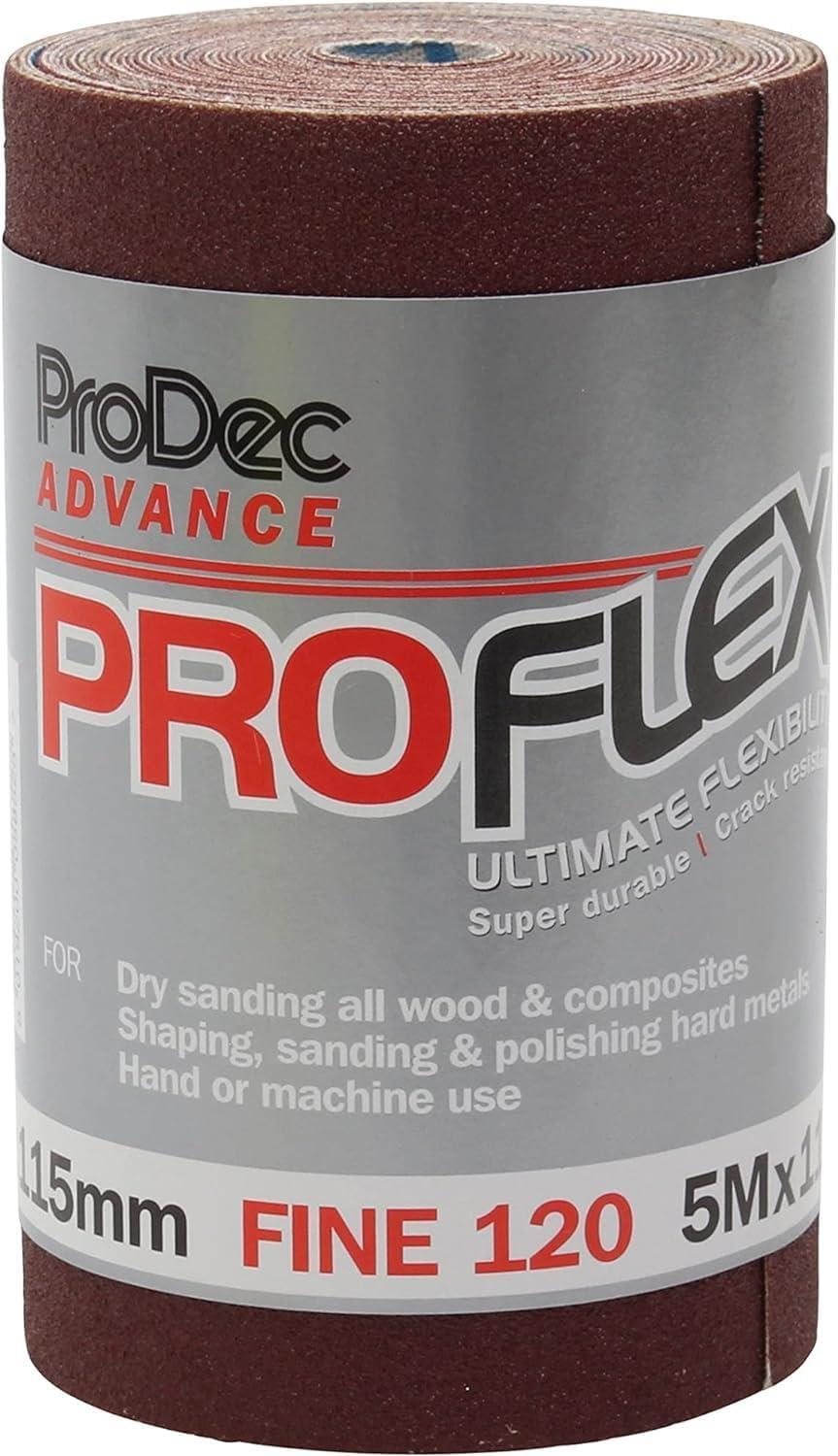 ProDec Advance ProFlex 120 Grit Fine Abrasive Sanding Roll 5m x 115mm – Flexible Low-Clog Aluminium Oxide Cloth for Hand or Machine Sanding