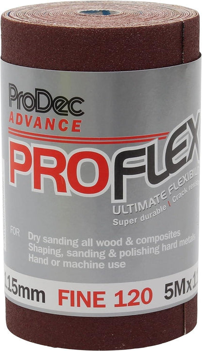 ProDec Advance ProFlex 120 Grit Fine Abrasive Sanding Roll 5m x 115mm – Flexible Low-Clog Aluminium Oxide Cloth for Hand or Machine Sanding