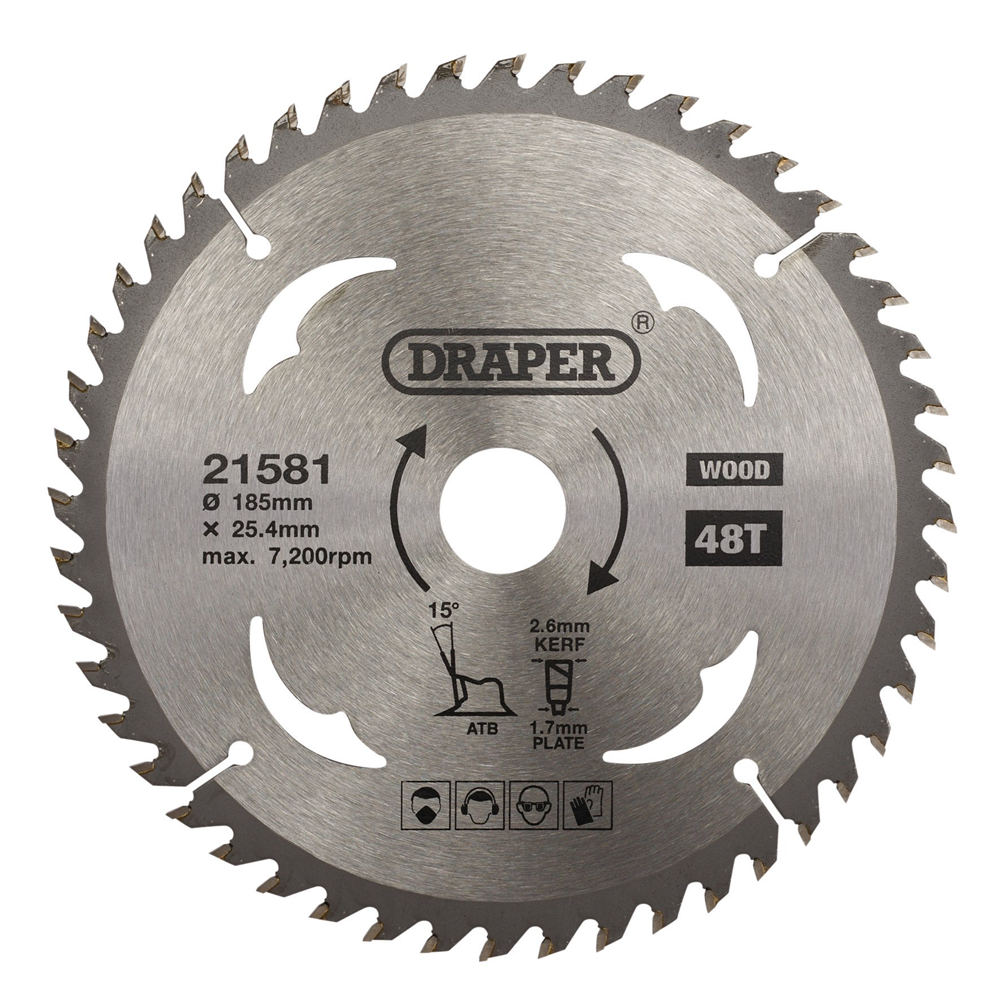 Draper TCT SAW BLADE 185MM 48T WOOD 21581 TCT Circular Saw Blade for Wood, 185 x 25.4mm