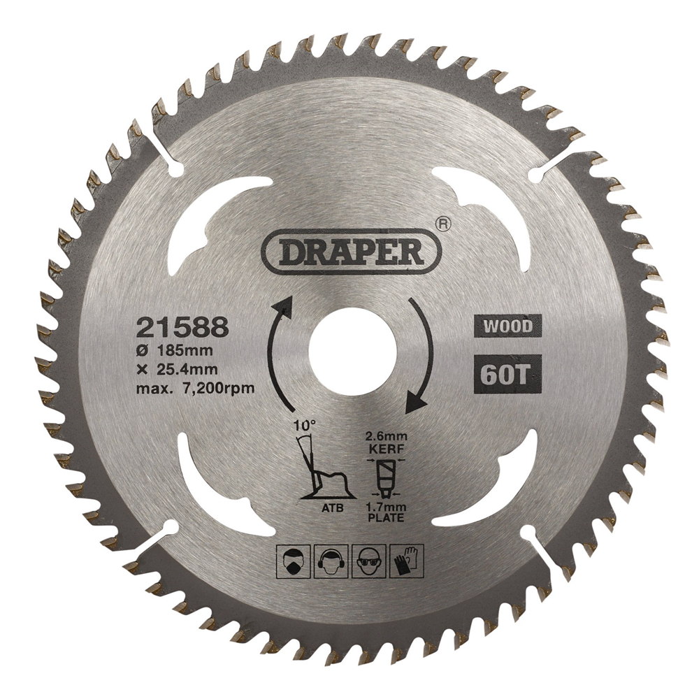 Draper TCT SAW BLADE 185MM 60T WOOD 21588 TCT Circular Saw Blade for Wood, 185 x 25.4mm