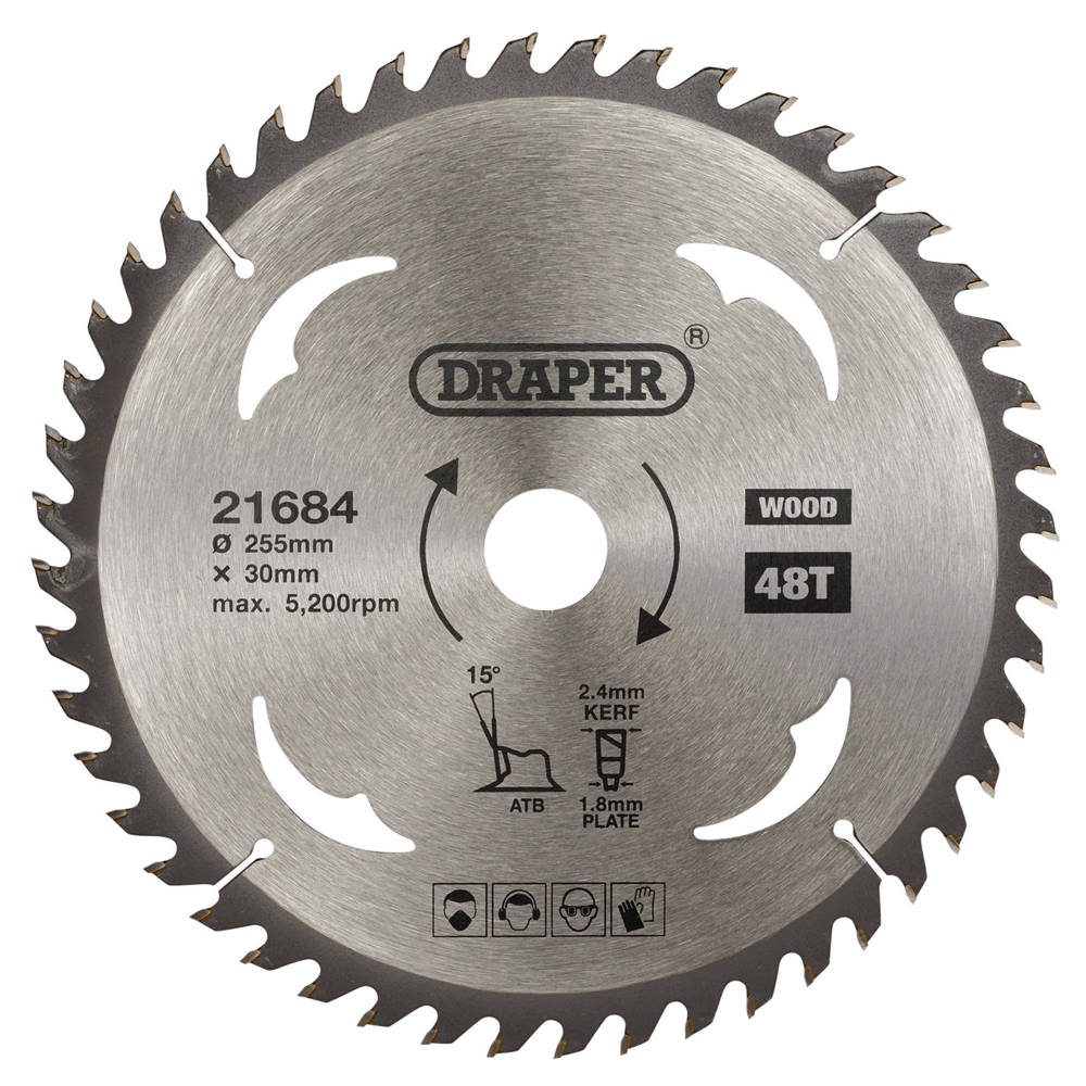 Draper TCT SAW BLADE 255MM 48T WOOD 21684 TCT Circular Saw Blade for Wood, 255 x 30mm